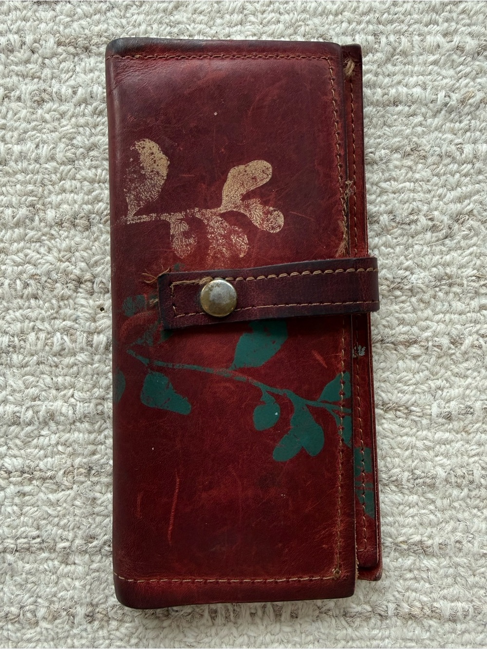 Vintage Hand Painted Leather Long Wallet Tri-fold Botanical Leaf Art Boho Indie